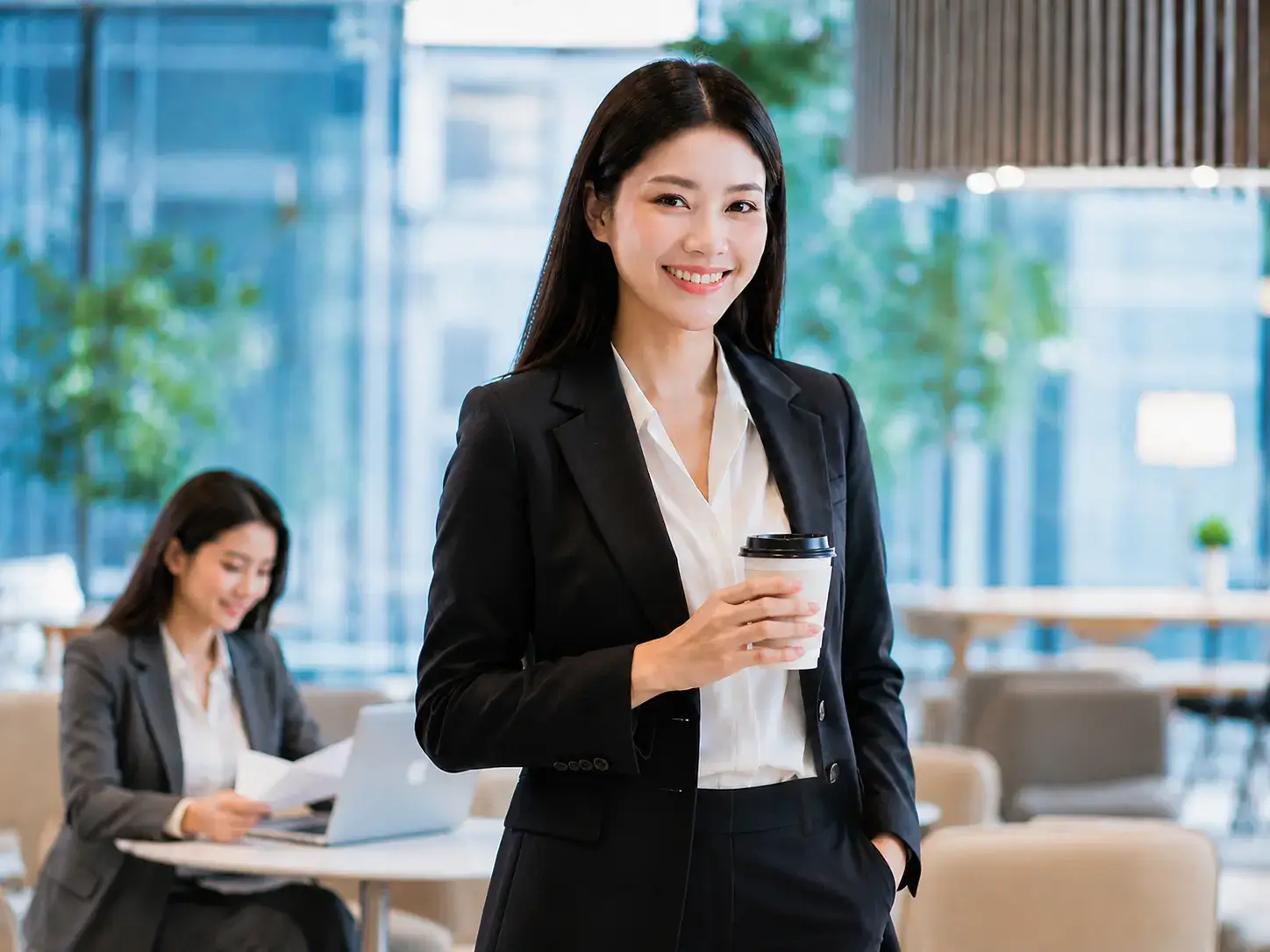 Chinese lady working, coffee at hand
